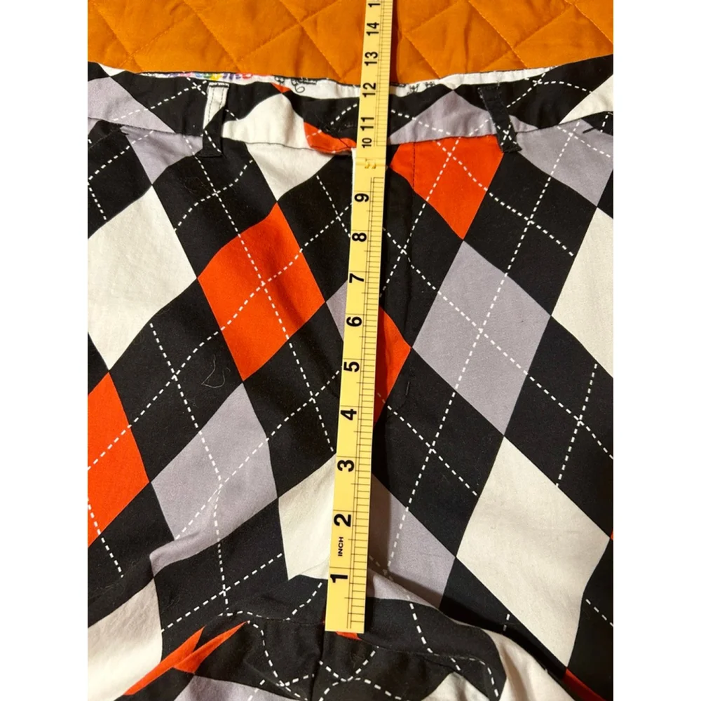 Men's Royal & Awesome Flat Front Golf Chino Shorts Size 36 Black Orange Argyle
